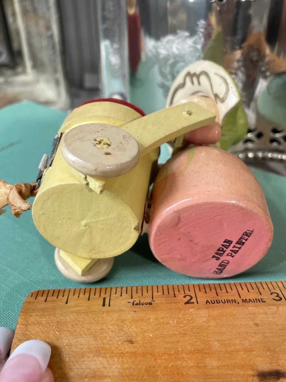 Handcrafted Yellow Wooden Pin Cushion with Red Velvet Top vintage Japan